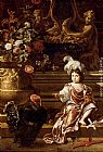 A Boy Seated On A Terrace With His Pet Monkey And a Turkey, A Still Life Of Flowers In A Sculpted Urn At Left by Jan Weenix